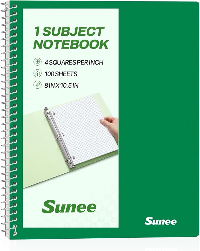 SUNEE Spiral Notebook, 1-Subject, Graph Ruled Paper, 8" x 10-1/2", 100 Sheets per Notebook, 3-Hole Punched Paper, Water Resistant Cover, Spiral Grid Notebooks for Work, Home, School, Dark Green