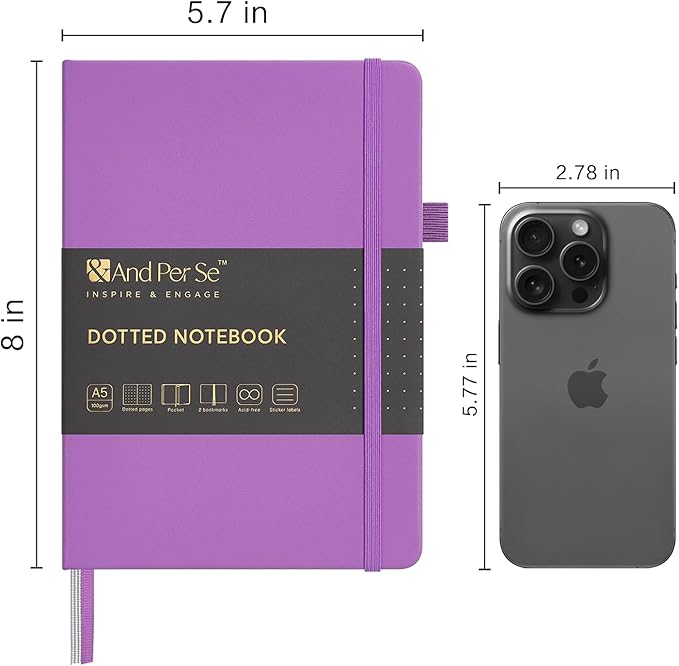 &And Per Se Dotted Journal Notebook, A5 Hardcover Leather Dotted Journal, 160 Pages 100gsm Thick Dot Grid Paper, 3 Sheets of Stickers Included - 5.7'' x 8'' (Violet)