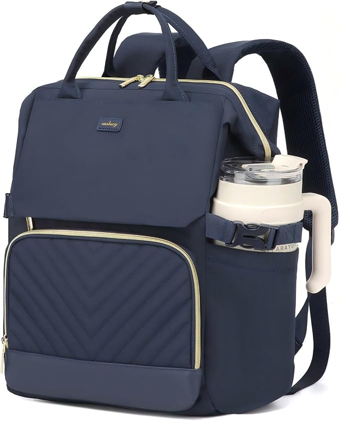 Computer Backpack for Women, Work Bag Laptop Bookbag with Cup Holder & USB Charger for Teacher Nurse College Travel Back Pack, Gifts, Navy Blue