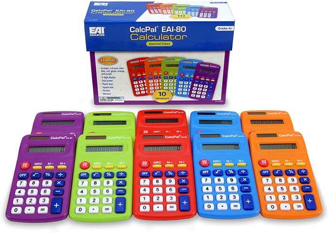 EAI Education CalcPal EAI-80 Basic Solar Calculator, Dual-Power for School, Home or Office: Assorted Colors - Set of 10