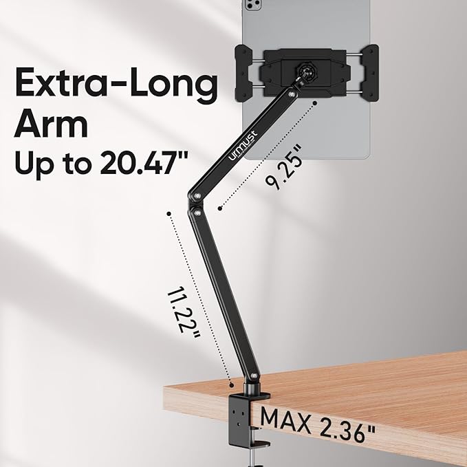 Urmust Portable Monitor Stand 15.6", iPad Stand for Desk, Portable Monitor Holder up to 18.5", Adjustable Desktop Tablet Arm Mount, Apple iPad Holder for Desk, for 4.7"-12.9" iPad Pro/Air/Mini