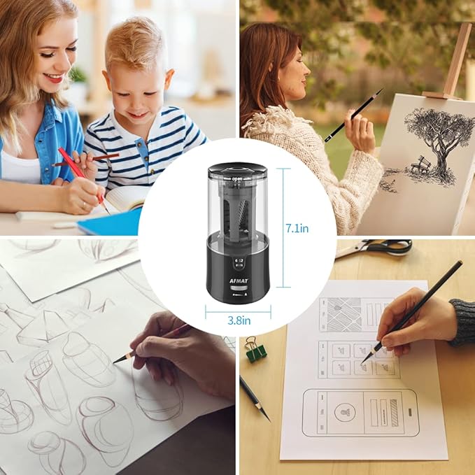 AFMAT Electric Long Point Pencil Sharpener for Artist, Fast Sharpen & Auto Stop, 8-17mm Super Long Point, Professional Artist Pencil Sharpener Plug in for φ6-12mm Charcoal/Drawing/Colored Pencils