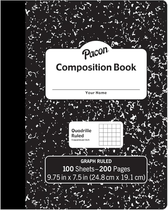 Pacon Quadrille Ruled Black Marble Composition Notebook, 1.5" Grid Ruled on Both Sides, 7.5" x 9.75", 100 Sheets (200 Pages)/Book, Class Pack of 24 Composition Books
