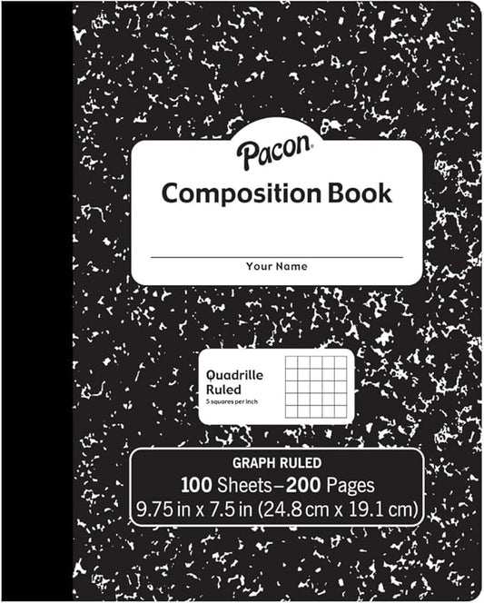 Pacon Quadrille Ruled Black Marble Composition Notebook, 1.5" Grid Ruled on Both Sides, 7.5" x 9.75", 100 Sheets (200 Pages)/Book, Class Pack of 24 Composition Books