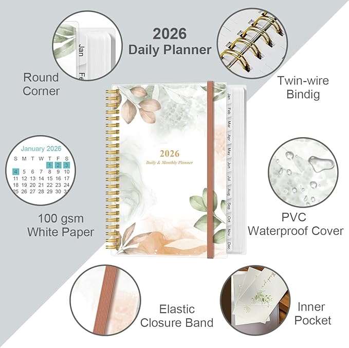 2026 Daily & Monthly Planner - One Page Per Day, Daily Planner 2026 from January 2026 to December 2026, Planner 2026 with 12 Monthly Tabs, 6.4" x 8.5", Rose Leaf