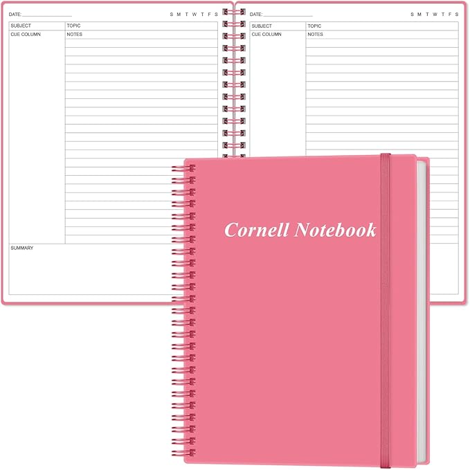 Yaridar A4 Cornell Notes Notebook - College Spiral Cornell Notebooks for Note Taking, Subject Ruled Steno Pads for Office/School/College/Home, 8.5" x 11", Pink