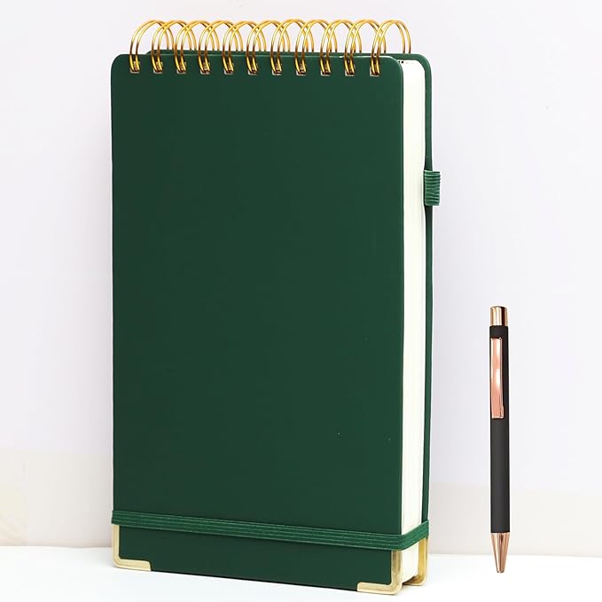 300 Pages Top Spiral Notebook 6x9 Leather Steno Pad Hardcover Steno Notebooks Top Spiral for Work Steno NotePad, 100 GSM Thick Paper, Left Handed Notebooks for Office College School,Green