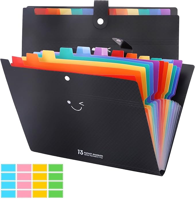 2PCS Expanding File Folder with 13 Pockets, Accordion A4 File Organizer with 160PCS Labels, Plastic Portable Receipt Paper Bill Document Organizer for School Office Supplies (Black)
