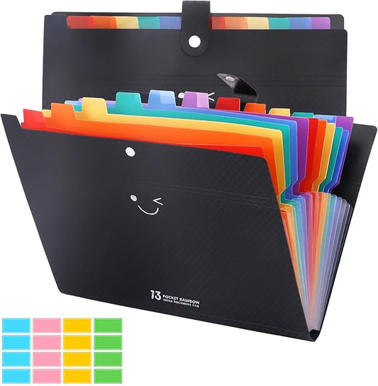 2PCS Expanding File Folder with 13 Pockets, Accordion A4 File Organizer with 160PCS Labels, Plastic Portable Receipt Paper Bill Document Organizer for School Office Supplies (Black)