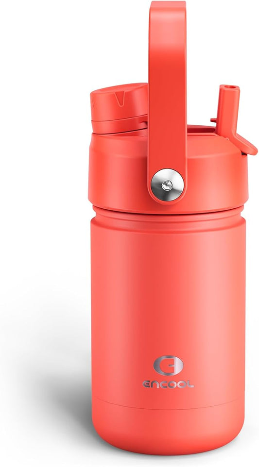 Kids Insulated Water Bottle with Straw - 12oz Stainless Steel Water Bottle with Dual Spouts, Leak-Proof, BPA-Free, Double Wall Vacuum Keeps Cold for 24 Hours for Sports, Travel, School (Tawny Orange)