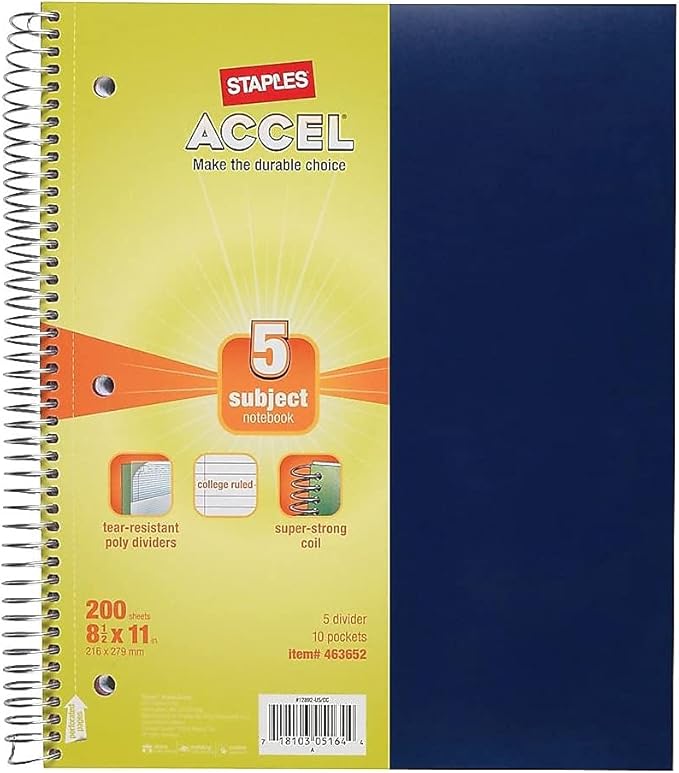 STAPLES 5‑Subject Notebook, 8.5” x 11”, College Ruled, 200 Sheets, Assorted Colors