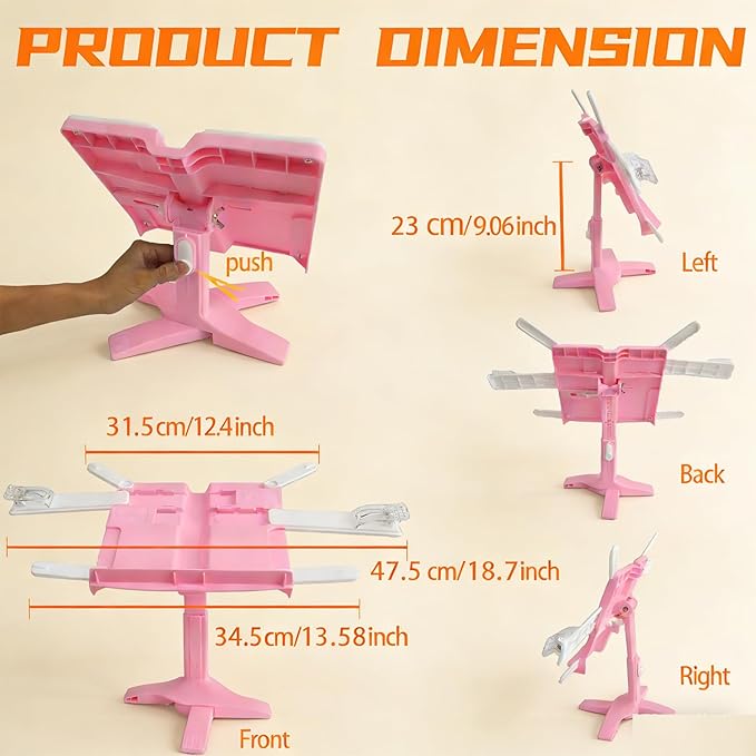 Book Stand for Desk, Kids Book Stand Adjustable Shelf Thick Base Foldable Riser Holder, Portable Desktop with Elastic Page Clips Gift for Children (Pink)