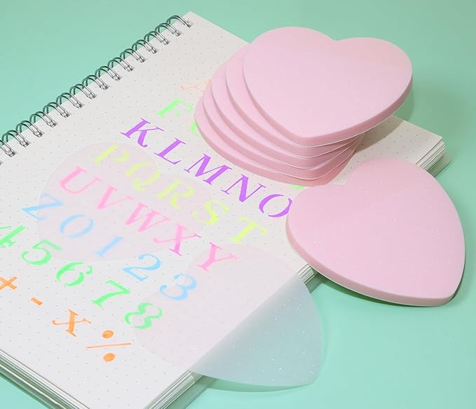 ONLYKXY Glitter Heart Shape Transparent Sticky Notes for Annotating,2.8in Pastel Color Waterproof Index Sticker Self-Stick Book Tabs Soft PET Marker Memo Pad for Home School Office (6, Pink)