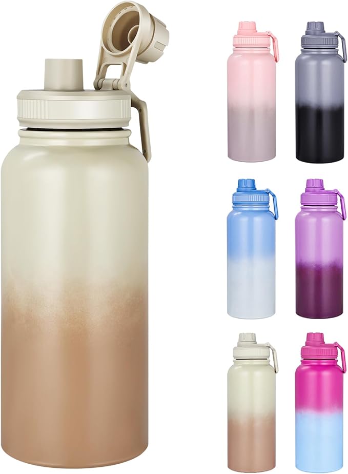 Gulex Motivational Water Bottle 32oz with Time Marker- Leakproof & BPA Free Sports Water Bottle with Straw & Carry Strap for Gym, Travel and Outdoor Sports (Stainless steel insulation-Brwom)