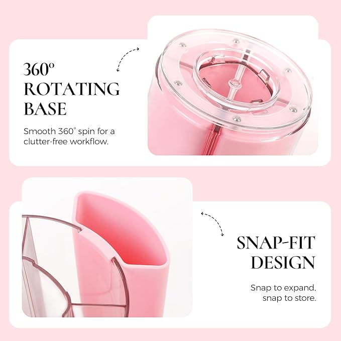 KONVINIT Pink Pen Holder for Desk, 5 Slots 360° Rotating Pen Organizer, Cute Desk Organizers and Accessories for School, Home, Office and Art Supply