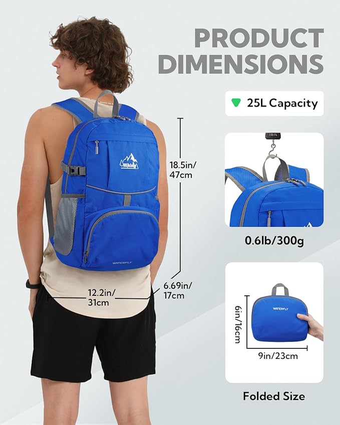 WATERFLY Hiking Packable Daypack Backpack: 25L Ultra Lightweight Day Pack for Women Men - Small Compact Folding Back Pack for Outdoor Sport Cycling Camping Travel Trip - Blue