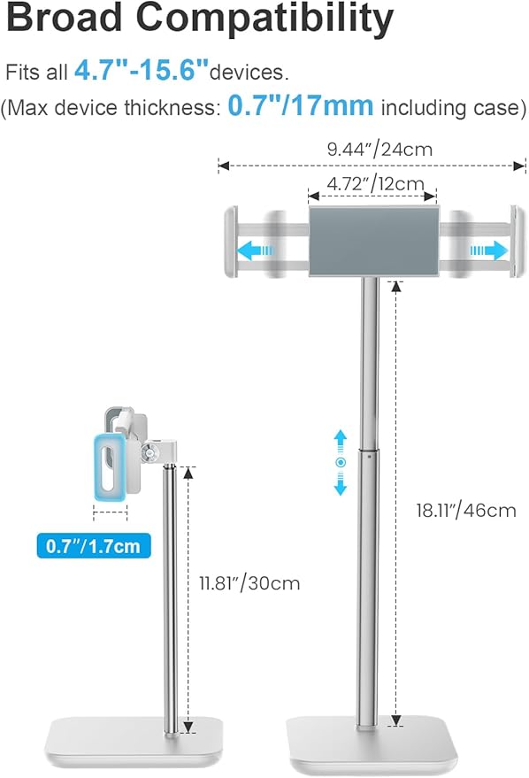 tounee Height Adjustable Tablet Stand, 3.5lb (1.6kg) Max Support, Up to 18" Tall, Slim Portable Monitors Stand Compatible with iPad Pro 12.9, Surface Pro, All 4.7"-15.6" Devices-White