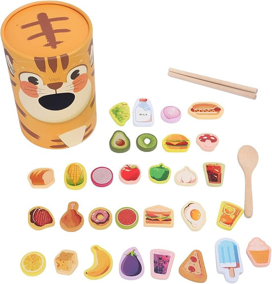 Wooden Feeding Toy, Fine Motor Skill Toys for Toddlers, Educational Play Food with Tools for Hand Eye Coordination