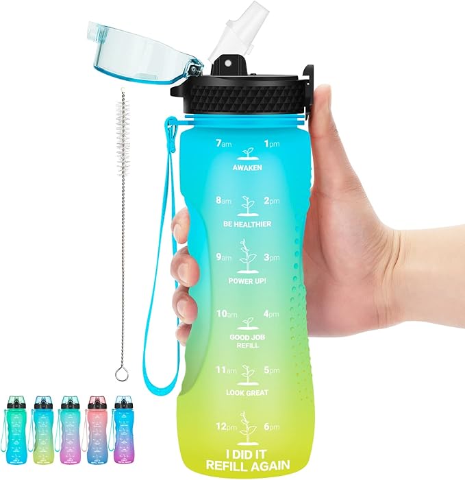24 OZ Motivational Kids Water Bottle With Time Marker,Straw Lid,Leak Proof, Tritan BPA Free Sports Water Bottle Blue-Yellow(1 Lid)