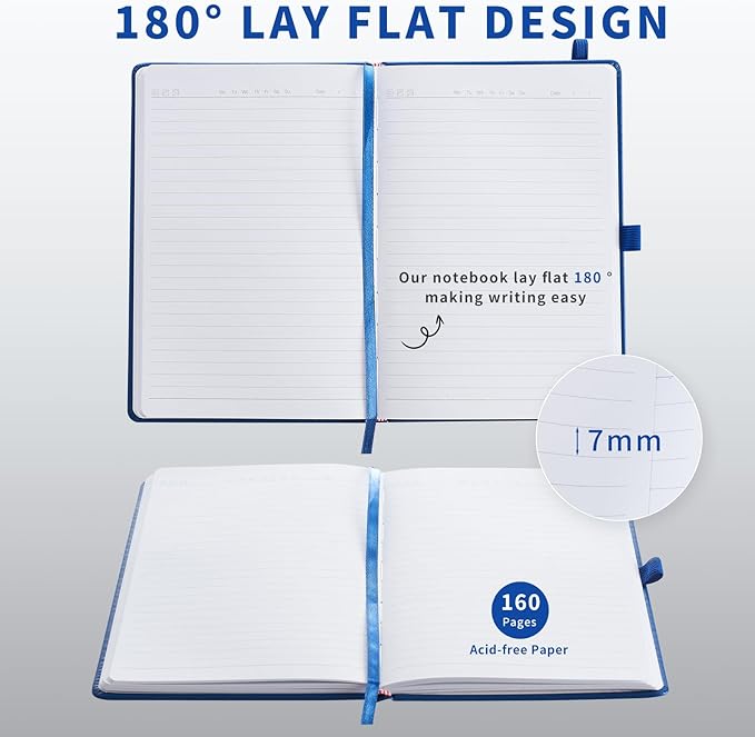 Heture Hardcover Notebooks, A5 Lined Journals Notebook for Writing 160 Pages, 8.2 x 5.5 inch, Classic Ruled Notebooks for College/Work/Travel (Lined-3 Pack, Blue)