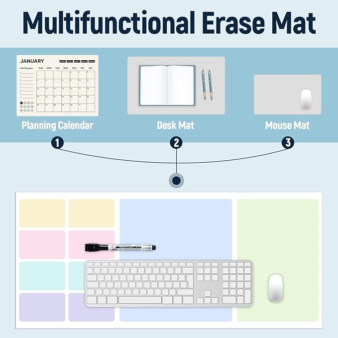 Dry Erase Desk Mat, Large Mouse Pad, Erasable Writing White Board for Making Plans, Self Adhesive Desktop Protector with 2 Wet Erase Markers & 1 Eraser for Home Office School 36"x16" (Pastel)