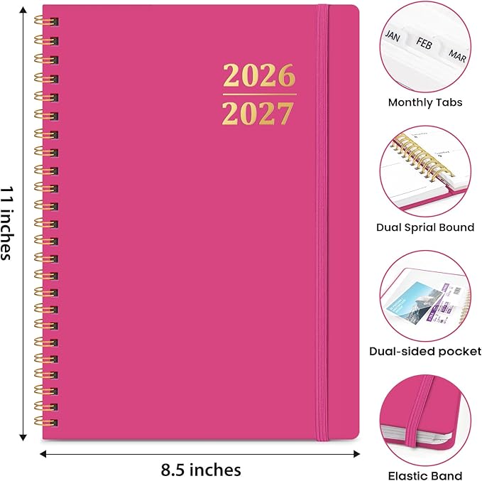 8.5" x 11" Academic Planner 2026-2027, Weekly & Monthly Calendar Planner Book, July 2026 – June 2027, Large Hardcover Organizer with Tabs, Perfect for Teachers, Students, Women & Men – A4, Hot Pink