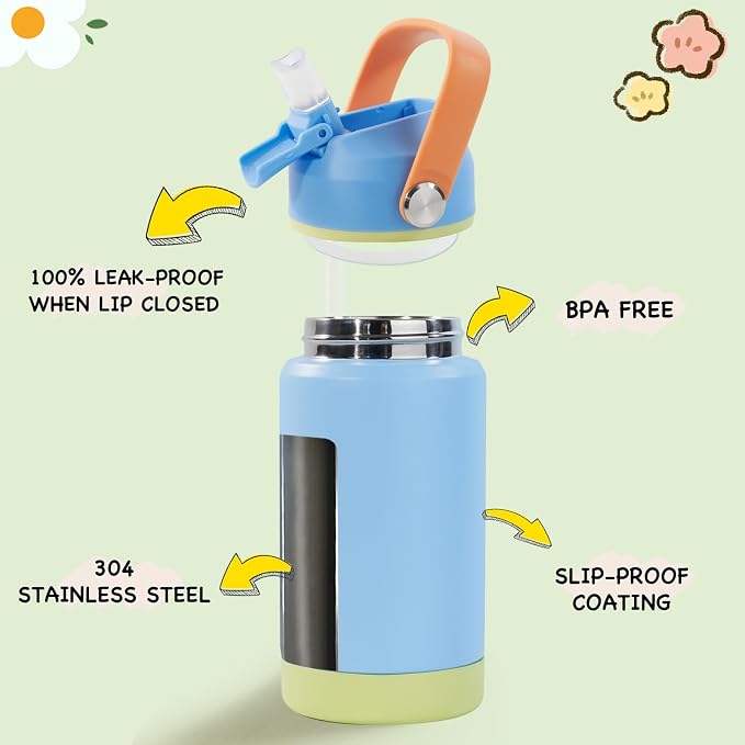 Kerilyn 12oz Kids Water Bottle, Stainless Steel Insulated Water Bottle for Kids, Toddler Cup with Straws Leak-Proof, Kids Water Bottles for School Boys Girls, BPA Free, Sky