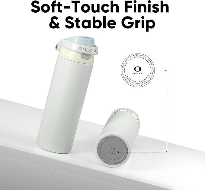 ENCOOL Leakproof Insulated Water Bottle with Straw Dual-Sip Water Bottle Bag-Safe Design for Work, Commute & Gym – Keeps Drinks Cold All Day, 18 oz, Cloud-Hill White