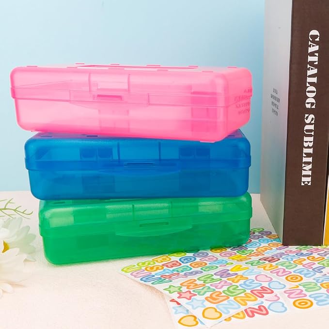 Blue Pink Green Hard Pencil Case Plastic Clear Pencil Box Crayon Box Organizer 3 Pack Office Supplies Storage Container Organizer Boxes for Pens Crayon School Stylish Office Supplies Storage Medium