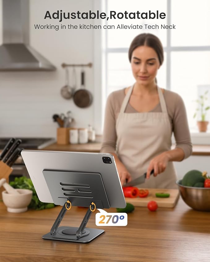 LOXP Metal Tablet Stand, 360 Rotating iPad Stand with Heavy-Duty Base, Tablet Holder Compatible with 4.0-16.9" Device, 2025 iPad Pro Air Mini, Kindle, Surface Tablet, Portable Monitors - Gray