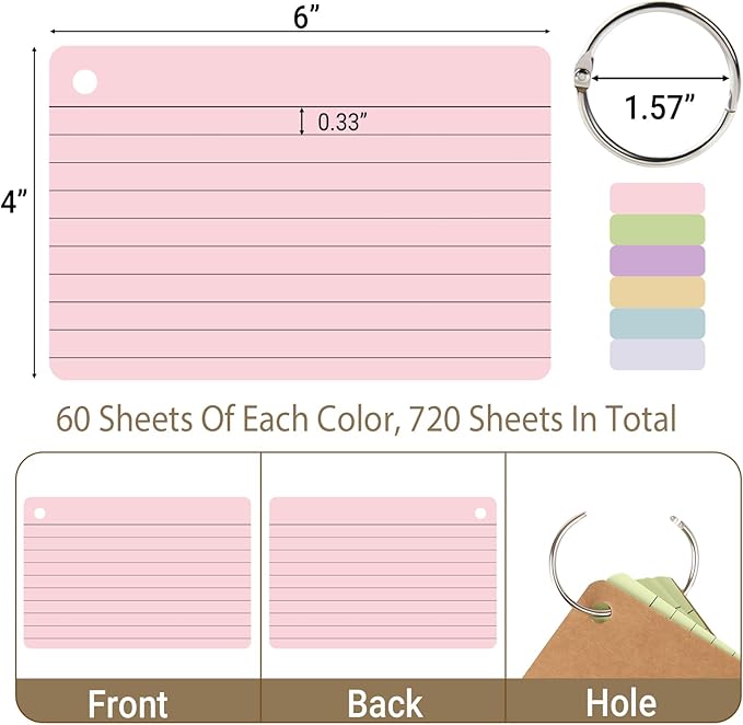 zmybcpack 12 Pack Lined Index Cards 4 x 6 Inches, 720 PCS Colored Ruled Index Flashcards Lined Flash Cards with Rings, Note Cards Punched for Study, Office and Home