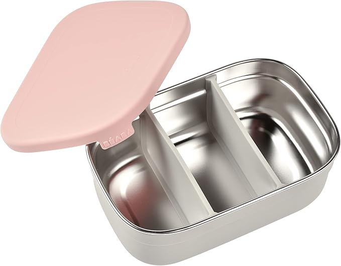 Beaba Stainless Steel Lunch Box, Kids Lunch Box with Silicone Lid, Bento Style Food Containers, Removable Silicone Dividers Make 1-3 Compartments, Rose