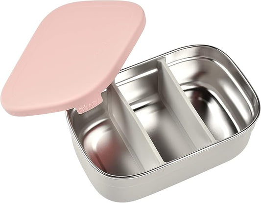 Beaba Stainless Steel Lunch Box, Kids Lunch Box with Silicone Lid, Bento Style Food Containers, Removable Silicone Dividers Make 1-3 Compartments, Rose