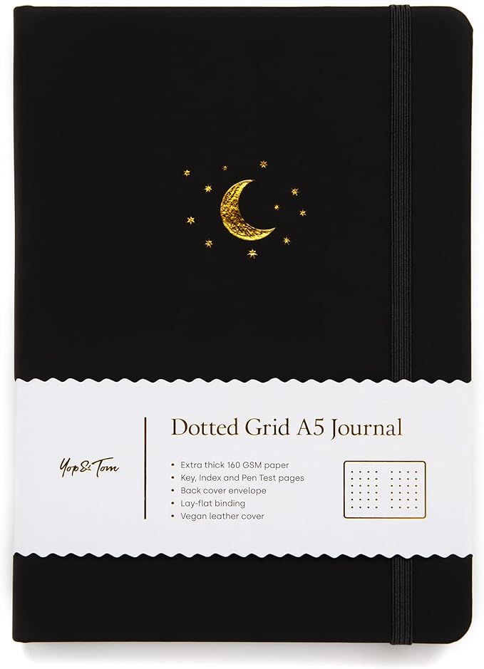 Yop & Tom Bullet Dotted Journal (A5) - Moon and Stars - Dot Grid Notebook With Extra Thick Paper (160 GSM) - Charcoal