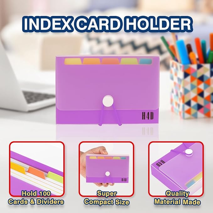 H4D 3x5 Index Card Case with 100 Heavyweight Ruled Index Cards and Dividers, Purple