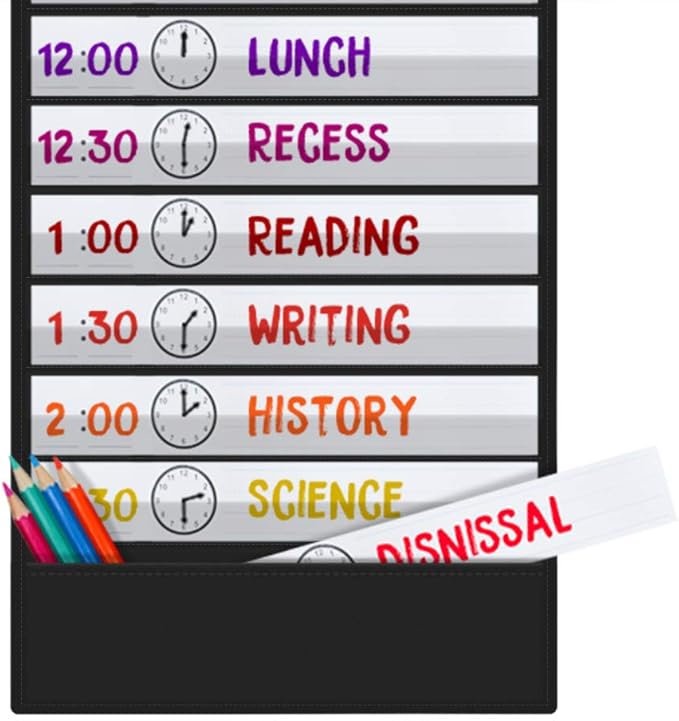 Daily Schedule Pocket Chart, 13+1 Scheduling Pocket Chart with18 Dry-Eraser Cards, Educational Charts for Classroom Office Home Preschool Activity (Black)