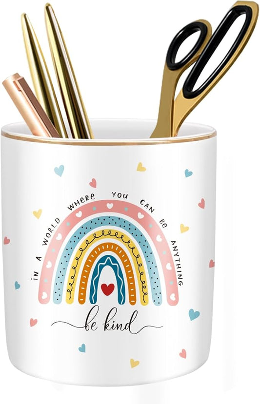 Pen Holder, Ceramic Durable Pencil Cup for Desk， Simple&Modern Style Makeup Organizer, Cute Multifunctional Office Supplies for Home, Kids and School, Rainbow Pattern