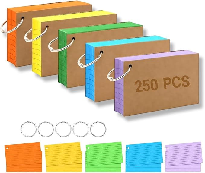 250 Count 3 x 5 Inch Colorful Index Cards, Heavy Duty Neon 250 Sheets Lined Flashcards for Studying, Office & Home Use (Multicolored with Ring B)