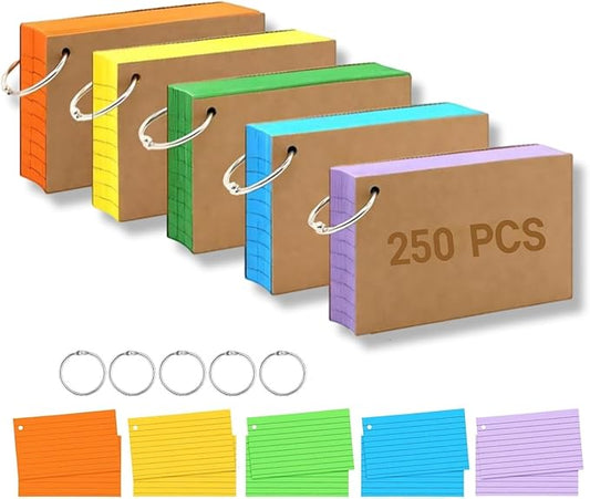 250 Count 3 x 5 Inch Colorful Index Cards, Heavy Duty Neon 250 Sheets Lined Flashcards for Studying, Office & Home Use (Multicolored with Ring B)