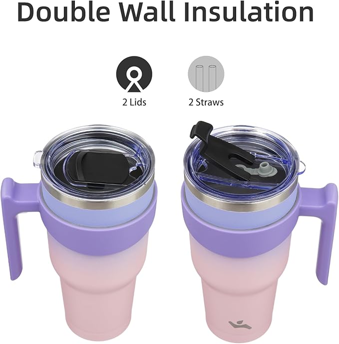 Konokyo 40 oz Tumbler with Handle and 2 Straw 2 Lid, Insulated Water Bottle Stainless Steel Vacuum Cup Reusable Travel Mug,Pastel Sunset