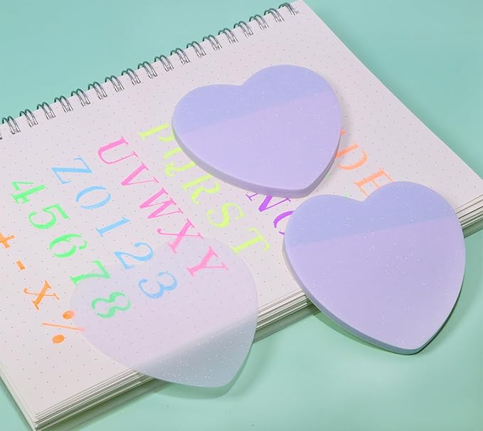 ONLYKXY Glitter Heart Shape Transparent Sticky Notes for Annotating,2.8in Pastel Color Waterproof Index Sticker Self-Stick Book Tabs Soft PET Marker Memo Pad for Home School Office (2, Purple)