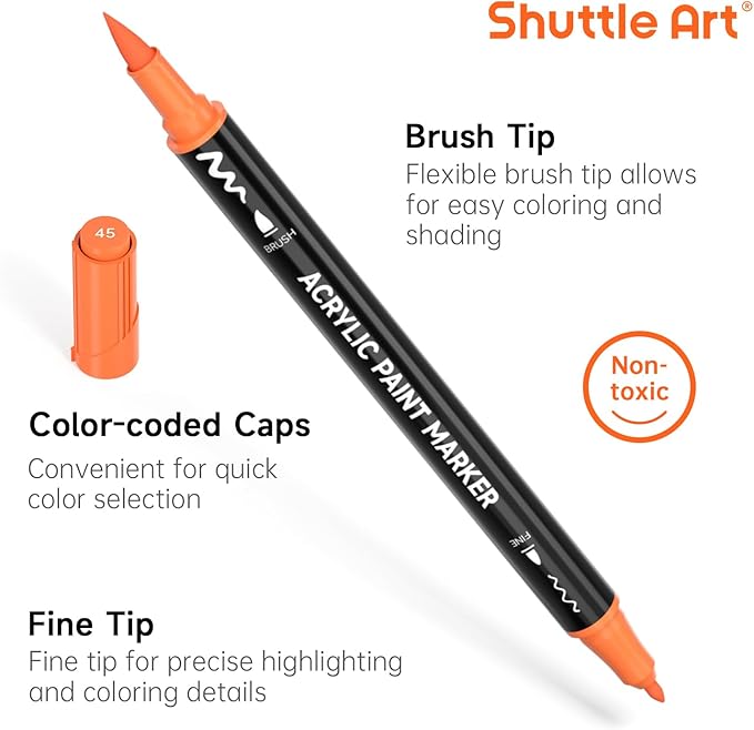Shuttle Art 25 Colors Dual Tip Acrylic Paint Markers, Brush Tip and Fine Tip Acrylic Paint Pens for Rock, Ceramic, Wood, Canvas, Plastic, Glass, Stone, Calligraphy, Card Making, DIY Crafts