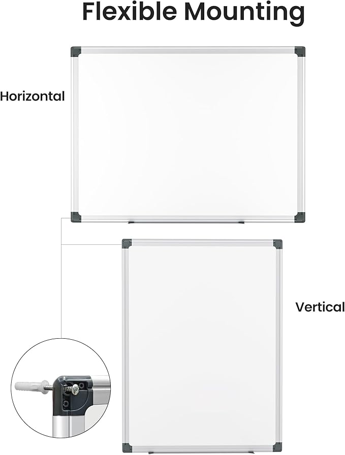 Magnetic White Board Hanging 36" x 48" for Office, Class, Home, Sliver Aluminum Frame, 1 Dry-Erase Eraser, 2 Multicolor Marker, 4 Magnetic Pins, Students, Teachers