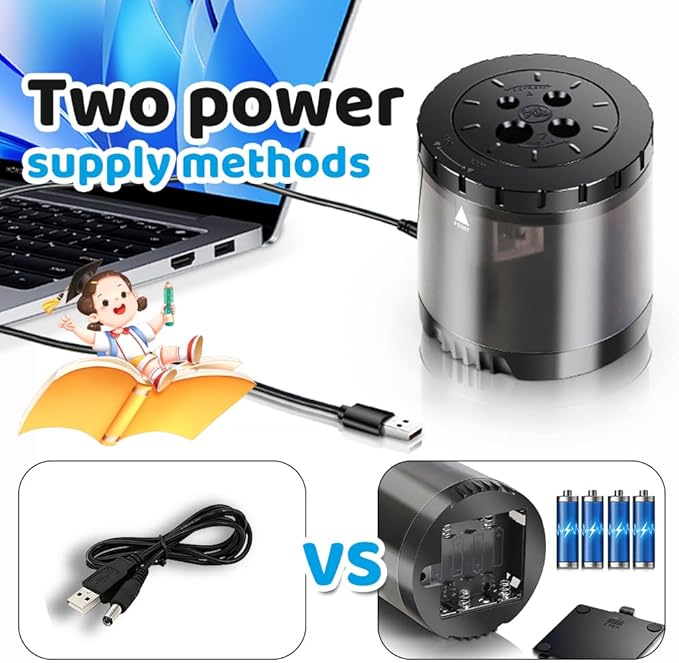 Heavy-Duty Electric Pencil Sharpener USB and Battery Power 4 Replacement Blades 4-Hole Adjustable for 6-12mm Art Pencils Large Capacity Automatic Pencil Sharpeners Black