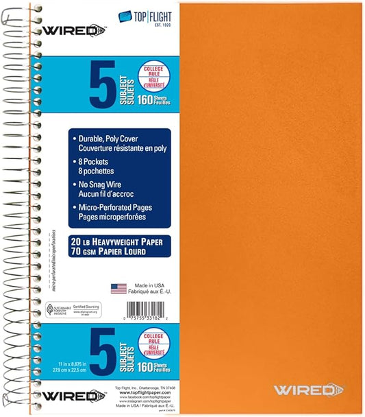 Top Flight Wired 5-Subject Wirebound Notebook with 8 Pockets, 160 Sheets, College Rule, 11 x 8.875 Inches, 1 Notebook, Cover May Vary (33182)