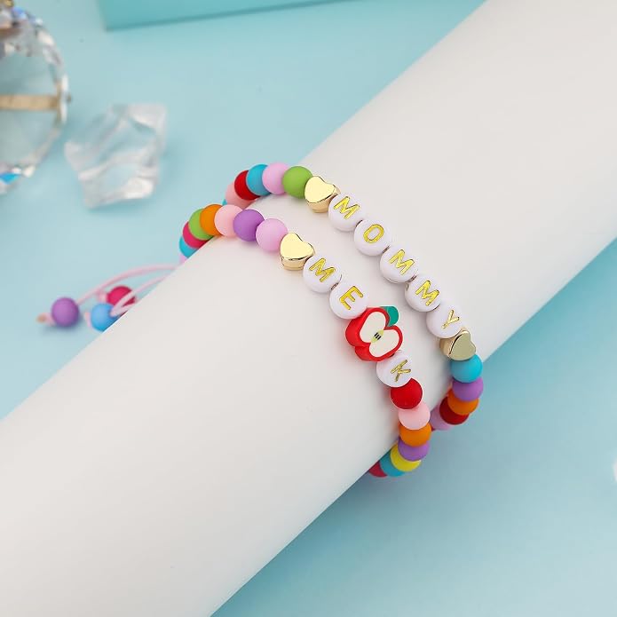 Bellino First Day of School Initial Bracelets, Back to School Supplies Bracelet Mommy and Me, Color Beads Bracelet Jewelry Gifts for Girls Teen Kids