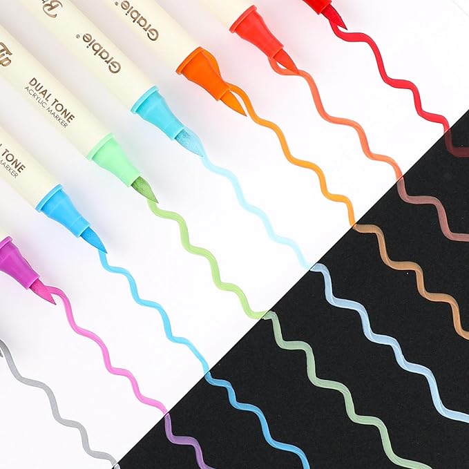 Grabie 24 Colors Acrylic Paint Markers, 12 Pack Dual Tip Soft Brush Acrylic Markers, Water-Based Paint Pens for Paper, Rock Painting, Wood, Glass, Canvas, DIY Craft Art Supplies for Adult & Kids