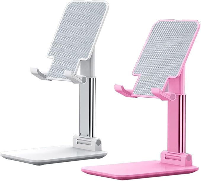 Phone Stand for Desk, Cell Phone Holder Cute Smart Cellphone Stand Foldable Stands Compatible with Under 8" Devices, Office Accessories, White&Pink