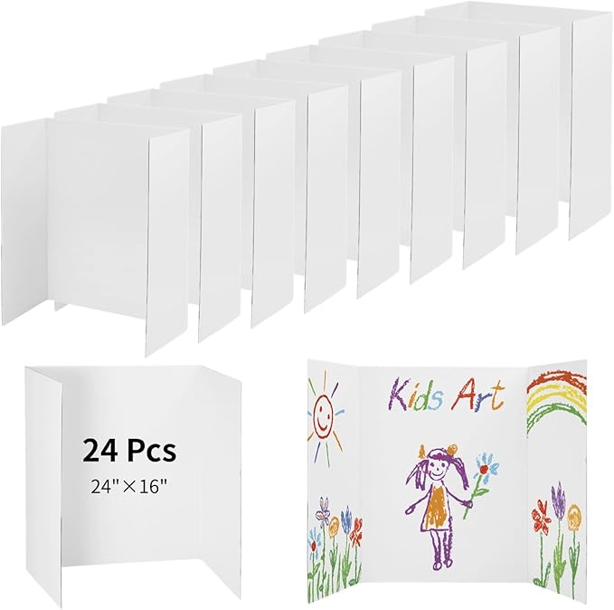 24 Pcs Tri Fold Display Boards, 24x16 in Trifold Poster Boards, White Blank Exhibition Display Paperboards, Thick Presentation Cardboards, Corrugated Project Boards for Science Fairs