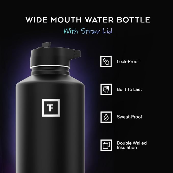 IRON °FLASK 64 oz Wide Mouth Water Bottle with 3 Lids | Insulated Half Gallon Water Bottle with 3 Leakproof Lids - BPA Free, Cold 24 Hrs, Sweat Free (Blue Waves)